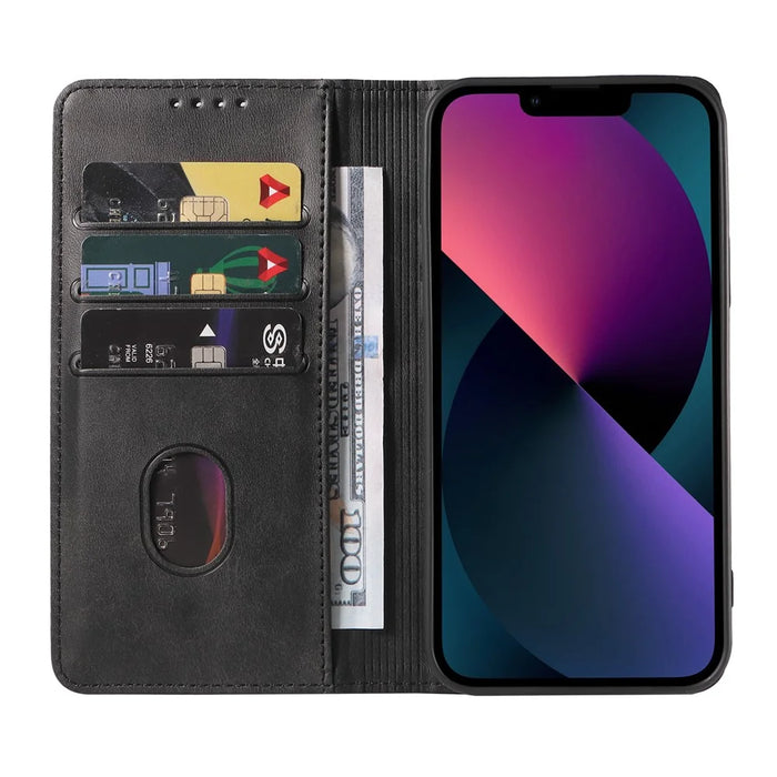 For iPhone 13 6.1 inch Leather Stand Phone Case Calf Texture Wallet Magnetic Cell Phone Cover - Black - 2