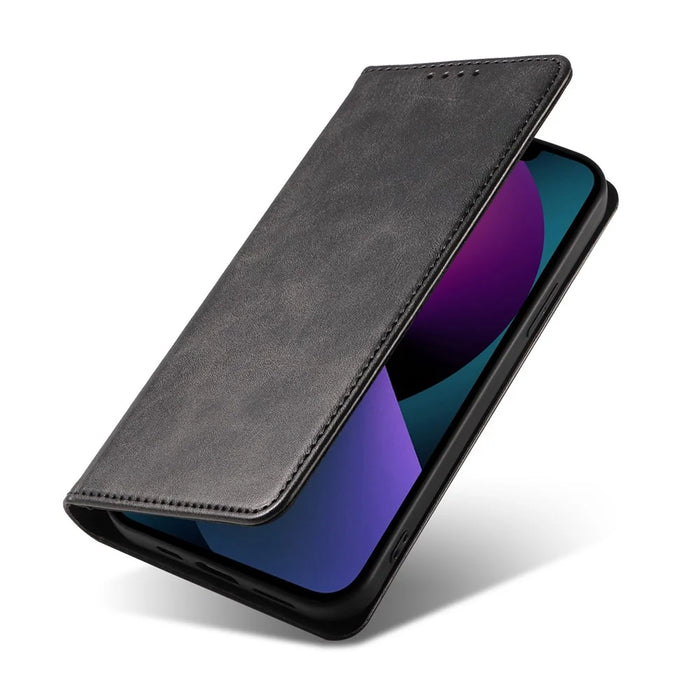 For iPhone 13 6.1 inch Leather Stand Phone Case Calf Texture Wallet Magnetic Cell Phone Cover - Black - 6