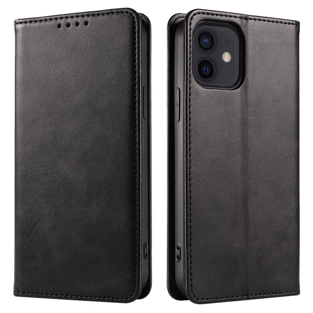 For iPhone 12 / 12 Pro 6.1 inch Anti-Scratch Phone Case Wallet Magnetic Leather Stand Calf Texture Phone Cover - Black - 1