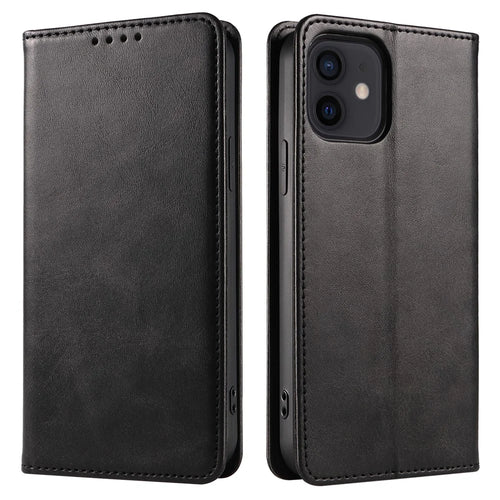 For iPhone 12 / 12 Pro 6.1 inch Anti-Scratch Phone Case Wallet Magnetic Leather Stand Calf Texture Phone Cover - Black - 1