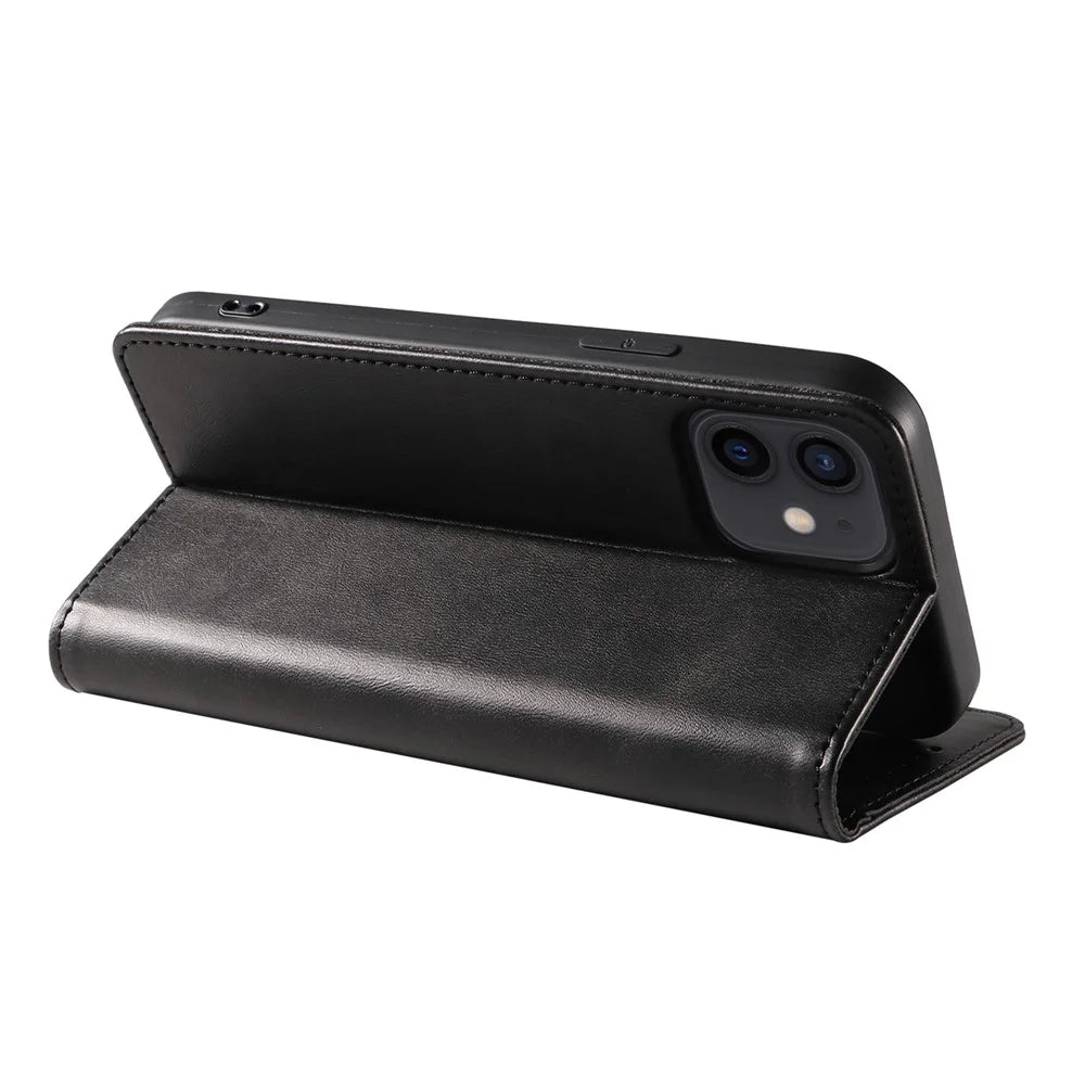 For iPhone 12 / 12 Pro 6.1 inch Anti-Scratch Phone Case Wallet Magnetic Leather Stand Calf Texture Phone Cover - Black - 4