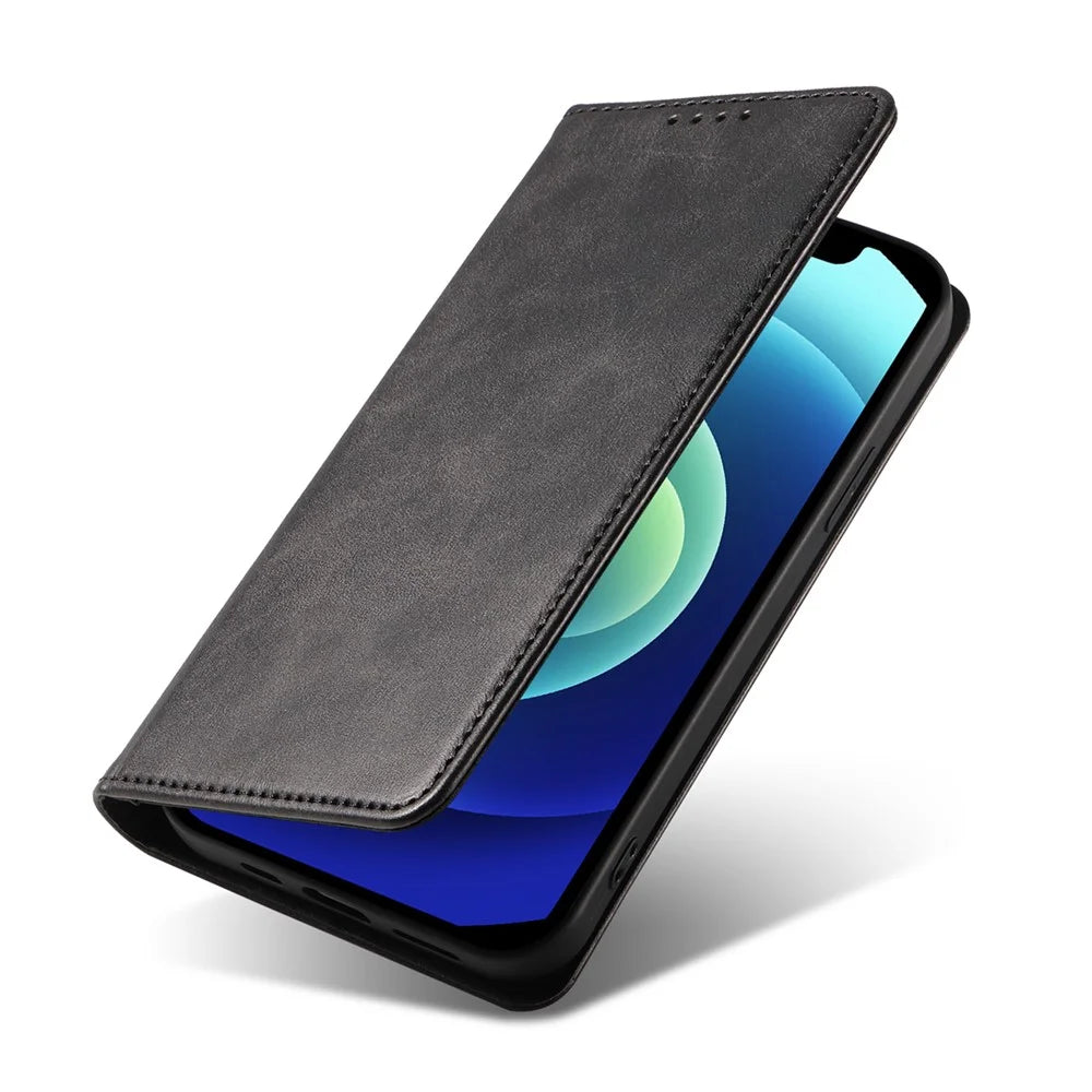 For iPhone 12 / 12 Pro 6.1 inch Anti-Scratch Phone Case Wallet Magnetic Leather Stand Calf Texture Phone Cover - Black - 6