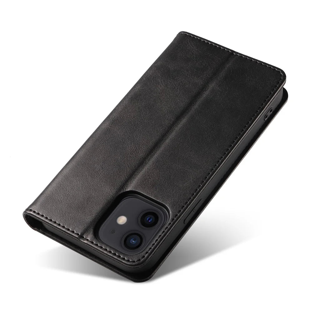 For iPhone 12 / 12 Pro 6.1 inch Anti-Scratch Phone Case Wallet Magnetic Leather Stand Calf Texture Phone Cover - Black - 7