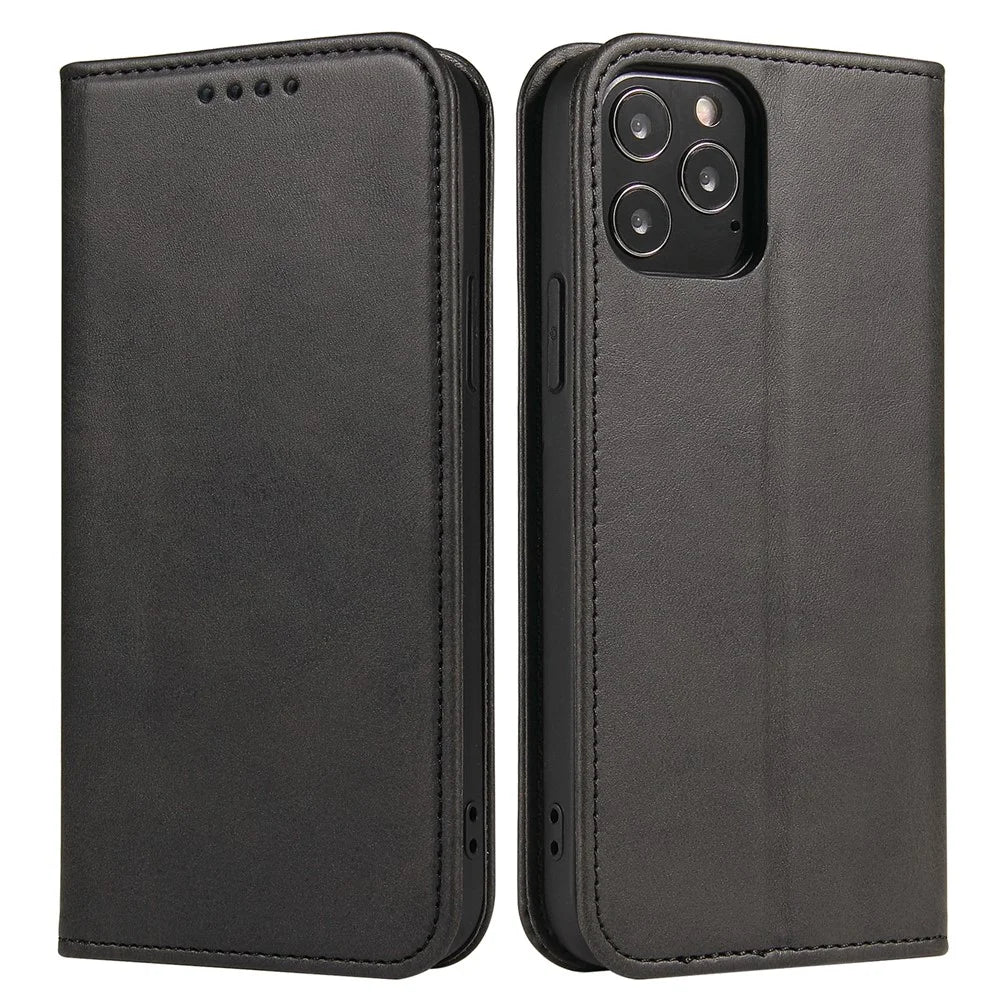 For iPhone 11 Pro Max 6.5 inch Calf Texture Phone Shell Wallet Phone Cover Auto-absorbed Leather Stand Case - Black - 1