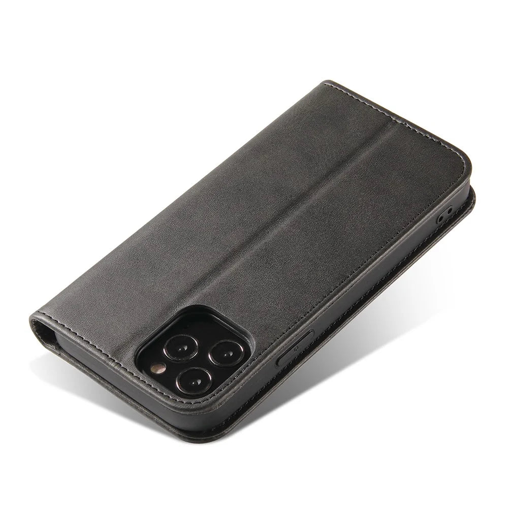For iPhone 11 Pro Max 6.5 inch Calf Texture Phone Shell Wallet Phone Cover Auto-absorbed Leather Stand Case - Black - 4