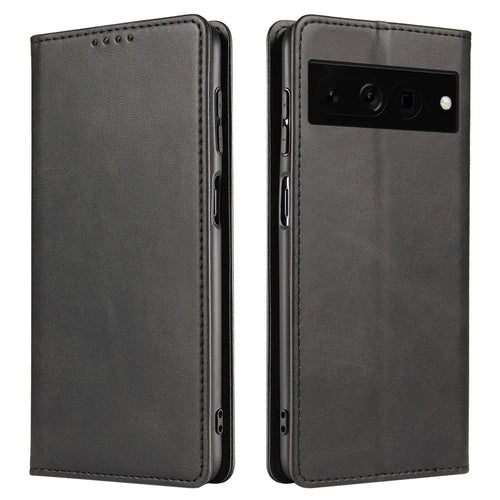 For Google Pixel 7 Pro 5G Magnetic Phone Cover Calf Texture Wallet Leather Stand Phone Case - Black - 1