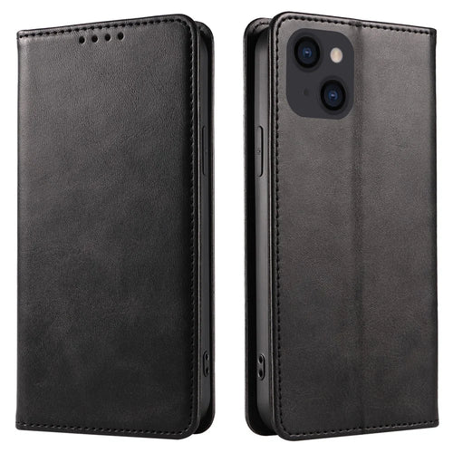 For iPhone 14 Phone Case Calf Texture Wallet Phone Stand Cover Auto-absorbed Magnetic Leather Shell - Black - 1