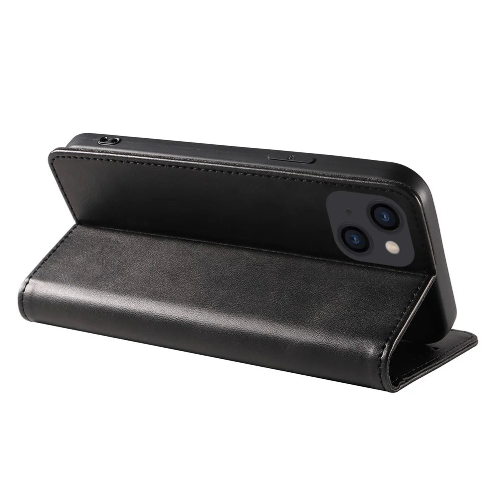 For iPhone 14 Phone Case Calf Texture Wallet Phone Stand Cover Auto-absorbed Magnetic Leather Shell - Black - 4