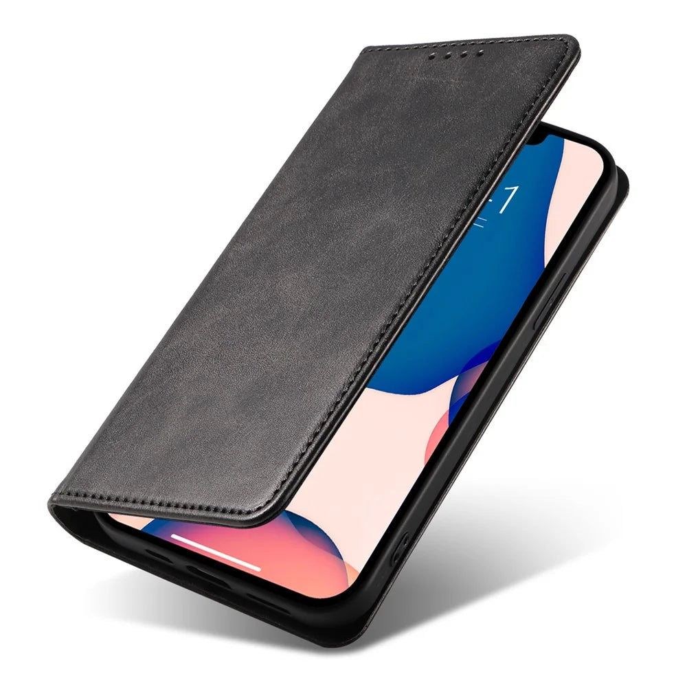 For iPhone 14 Phone Case Calf Texture Wallet Phone Stand Cover Auto-absorbed Magnetic Leather Shell - Black - 6