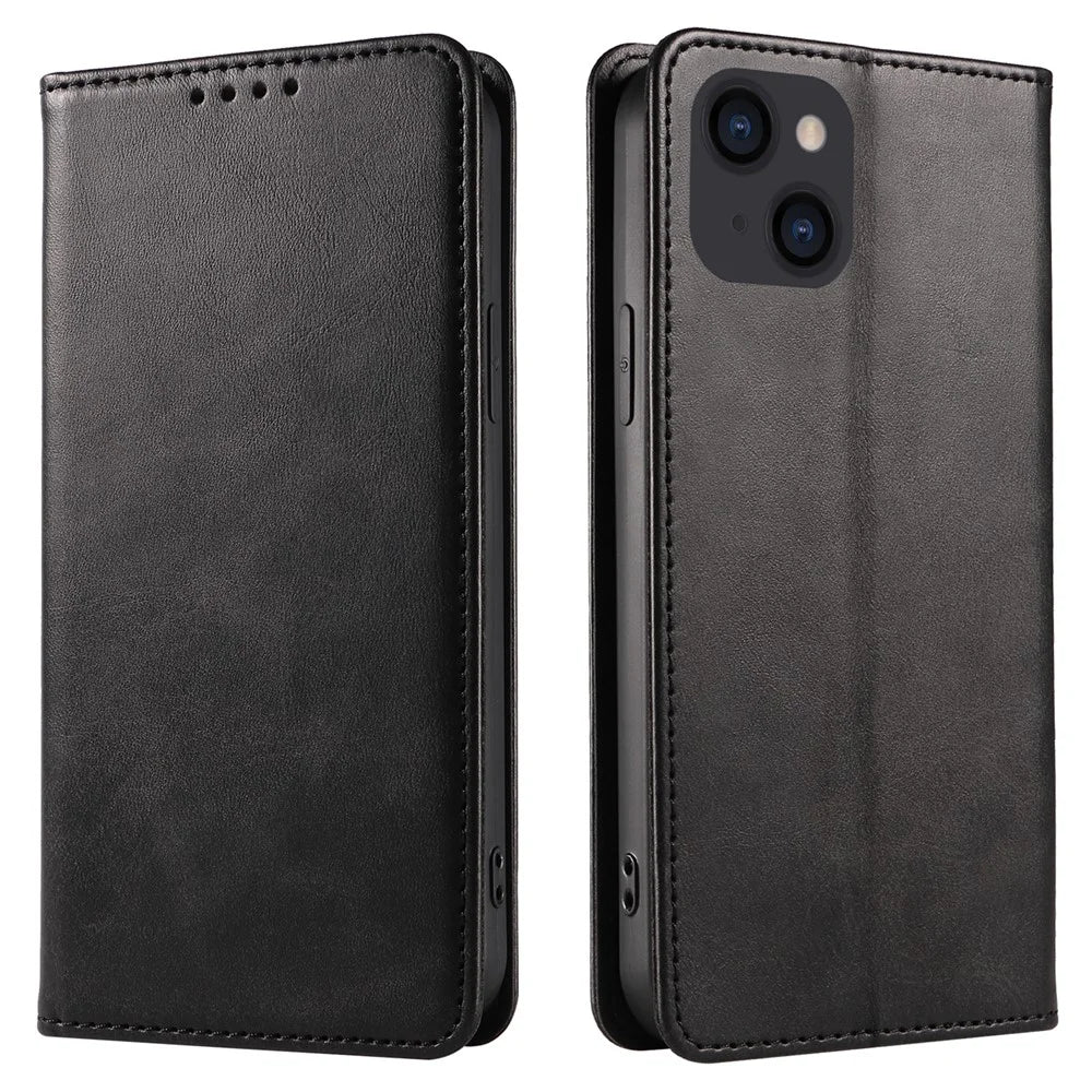 For iPhone 14 Plus Wallet Phone Cover Calf Texture Auto-absorbed Magnetic Leather Stand Phone Case - Black - 1