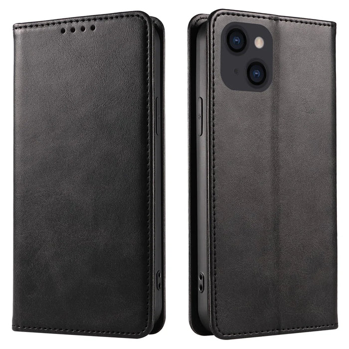 For iPhone 14 Plus Wallet Phone Cover Calf Texture Auto-absorbed Magnetic Leather Stand Phone Case - Black - 1