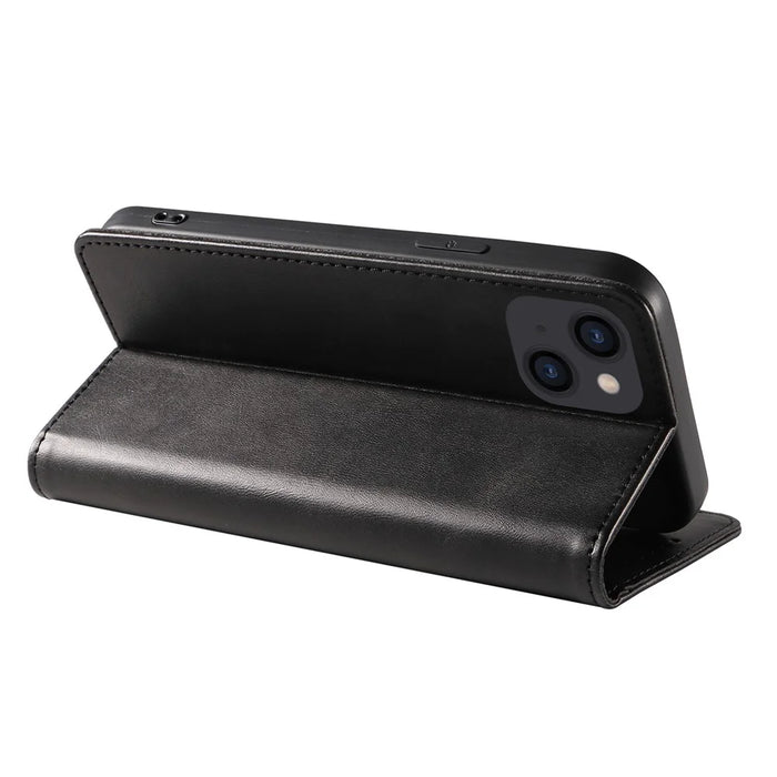 For iPhone 14 Plus Wallet Phone Cover Calf Texture Auto-absorbed Magnetic Leather Stand Phone Case - Black - 4