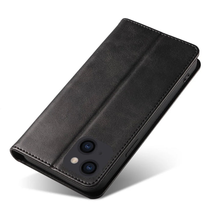 For iPhone 14 Plus Wallet Phone Cover Calf Texture Auto-absorbed Magnetic Leather Stand Phone Case - Black - 5