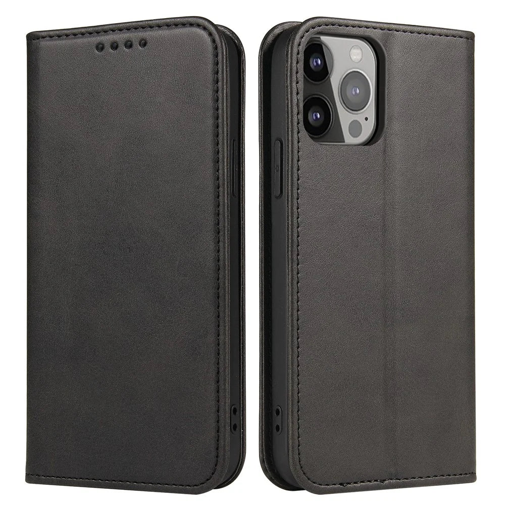 For iPhone 14 Pro Magnetic Leather Phone Case Stand Calf Texture Phone Cover - Black - 1