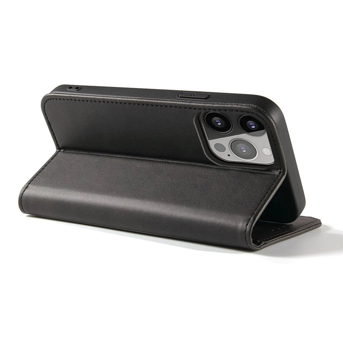 For iPhone 14 Pro Magnetic Leather Phone Case Stand Calf Texture Phone Cover - Black - 3