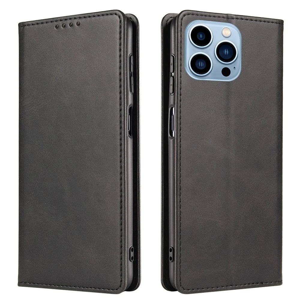 Flip Phone Case Wallet for iPhone 13 Pro Max 6.7 inch , Magnetic Leather Stand Calf Texture Cover - Black - 1