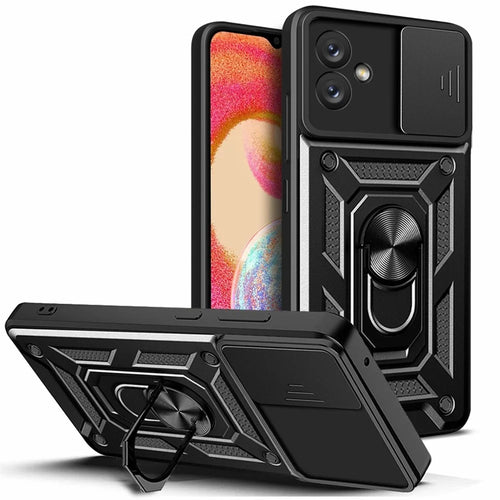 Slide Camera Phone Case for Samsung Galaxy A04e 4G / F04 4G / M04 4G , Hard PC Soft TPU Protective Rugged Phone Cover with Kickstand - Black - 1