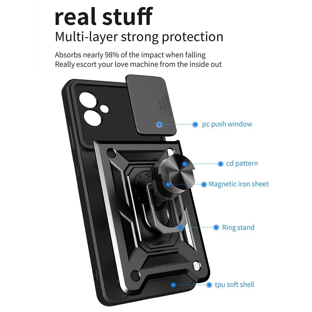 Slide Camera Phone Case for Samsung Galaxy A04e 4G / F04 4G / M04 4G , Hard PC Soft TPU Protective Rugged Phone Cover with Kickstand - Black - 3