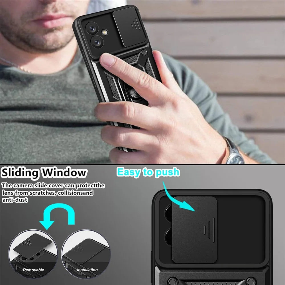 Slide Camera Phone Case for Samsung Galaxy A04e 4G / F04 4G / M04 4G , Hard PC Soft TPU Protective Rugged Phone Cover with Kickstand - Black - 5