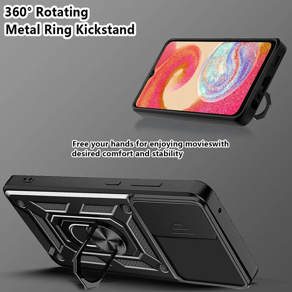 Slide Camera Phone Case for Samsung Galaxy A04e 4G / F04 4G / M04 4G , Hard PC Soft TPU Protective Rugged Phone Cover with Kickstand - Black - 6