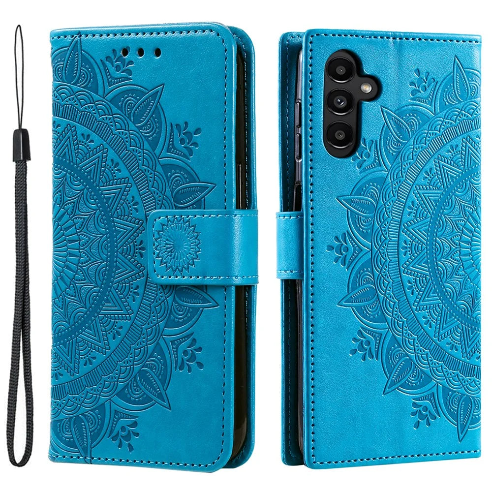 For Samsung Galaxy A24 4G (162.1 x 77.6 x 8.3mm) PU Leather Wallet Phone Case Imprinted Mandala Flower Pattern Stand Cover - Blue - 1