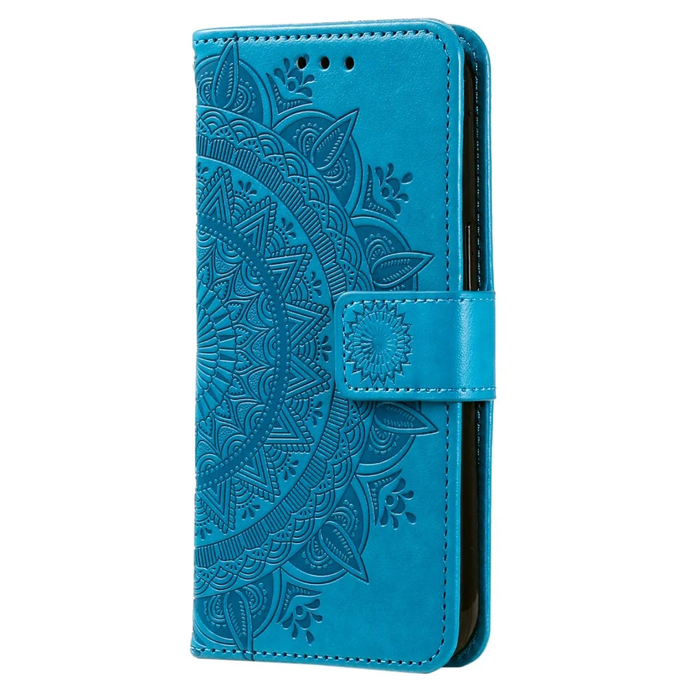 For Samsung Galaxy A24 4G (162.1 x 77.6 x 8.3mm) PU Leather Wallet Phone Case Imprinted Mandala Flower Pattern Stand Cover - Blue - 5
