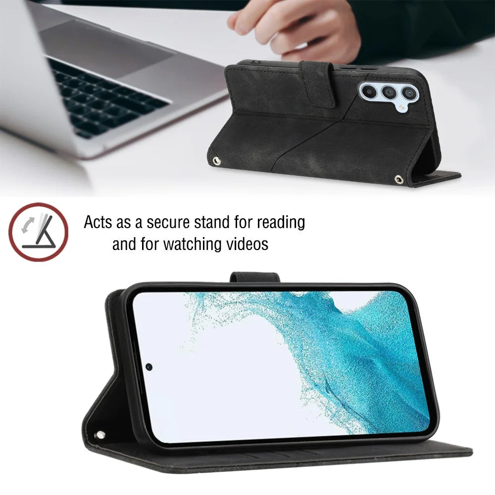 For Samsung Galaxy A54 5G PT005 Phone Case Skin-Touch Leather Wallet Stand Cover with Strap - Black - 3