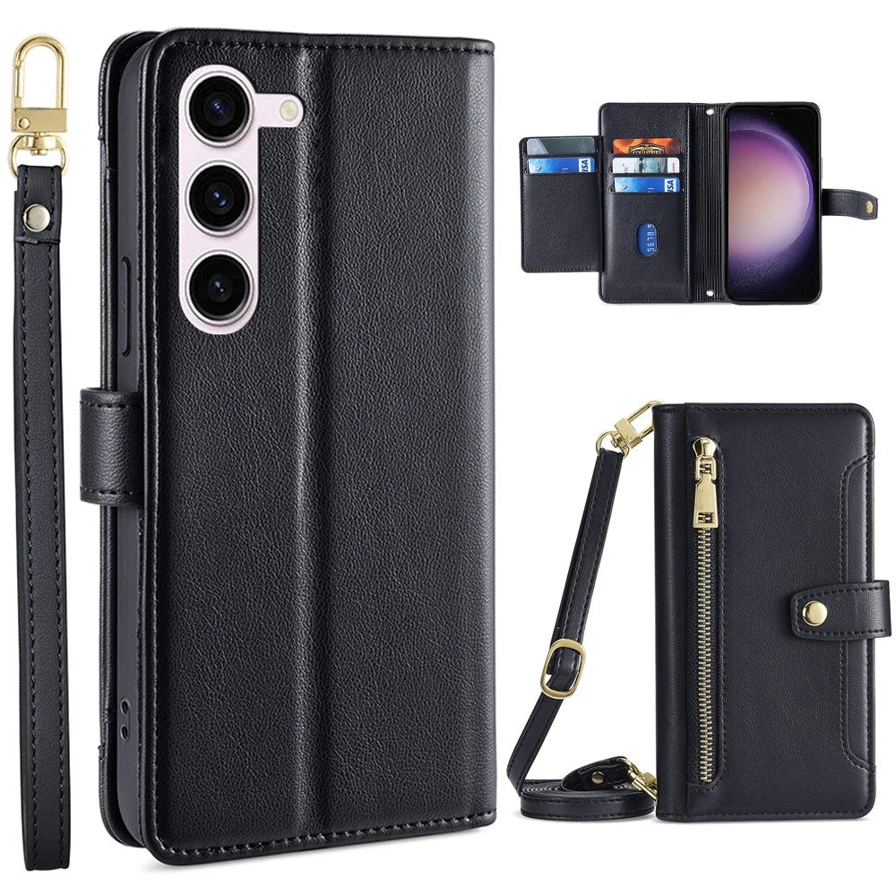 Zipper Pocket Phone Case for Samsung Galaxy S23 Card Slots Stand PU Leather Phone Cover with Straps - Black - 1