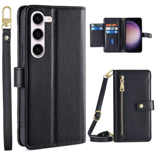 Zipper Pocket Phone Case for Samsung Galaxy S23 Card Slots Stand PU Leather Phone Cover with Straps - Black - 1
