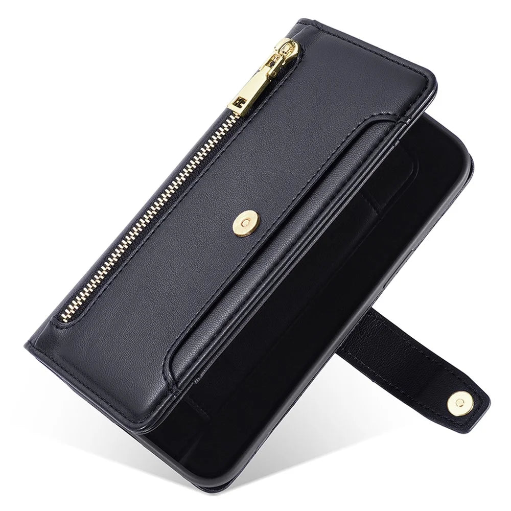 Zipper Pocket Phone Case for Samsung Galaxy S23 Card Slots Stand PU Leather Phone Cover with Straps - Black - 4