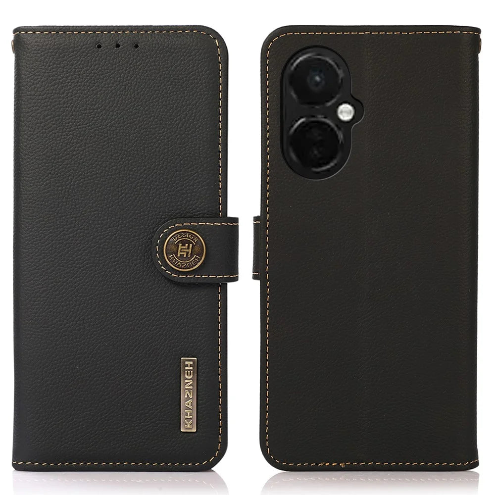 KHAZNEH For OnePlus Nord CE 3 Lite 5G / Nord N30 5G RFID Blocking Phone Wallet Case Genuine Leather Stand Phone Cover - Black - 1