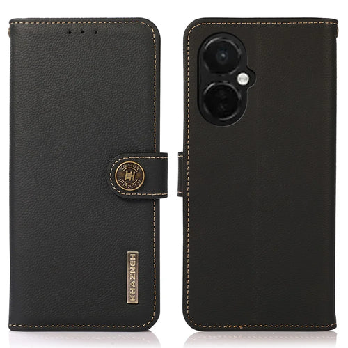 KHAZNEH For OnePlus Nord CE 3 Lite 5G / Nord N30 5G RFID Blocking Phone Wallet Case Genuine Leather Stand Phone Cover - Black - 1