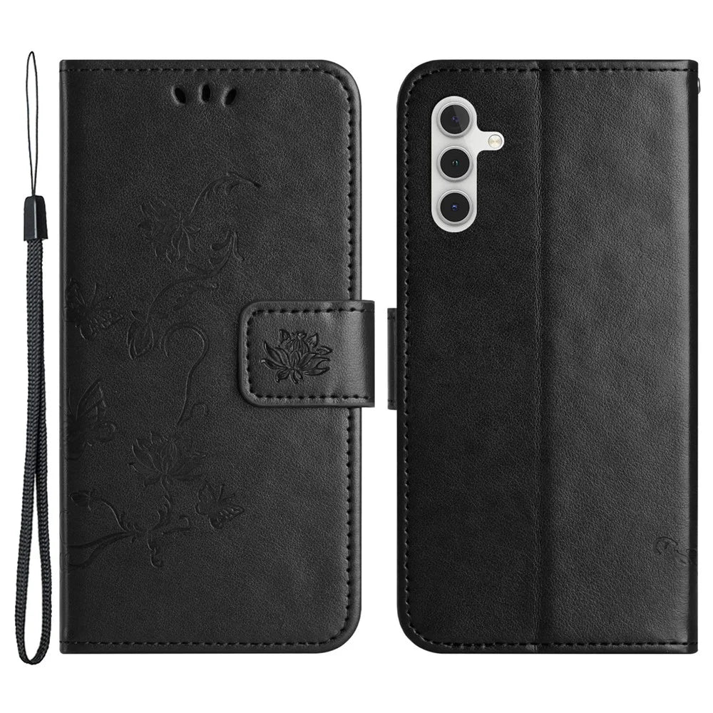 For Samsung Galaxy A24 4G (162.1 x 77.6 x 8.3mm) Imprinted Butterfly Flower Phone Case PU Leather Wallet Stand Phone Cover with Strap - Black - 1