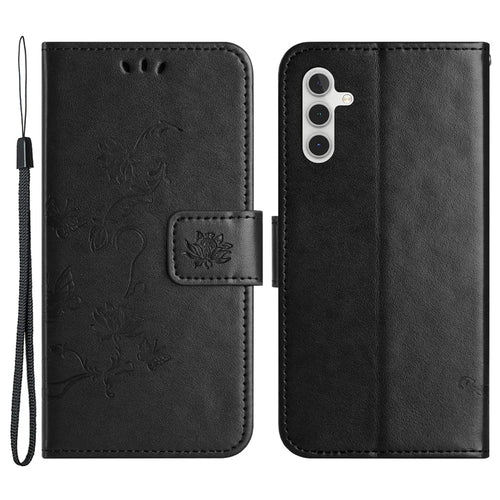 For Samsung Galaxy A24 4G (162.1 x 77.6 x 8.3mm) Imprinted Butterfly Flower Phone Case PU Leather Wallet Stand Phone Cover with Strap - Black - 1