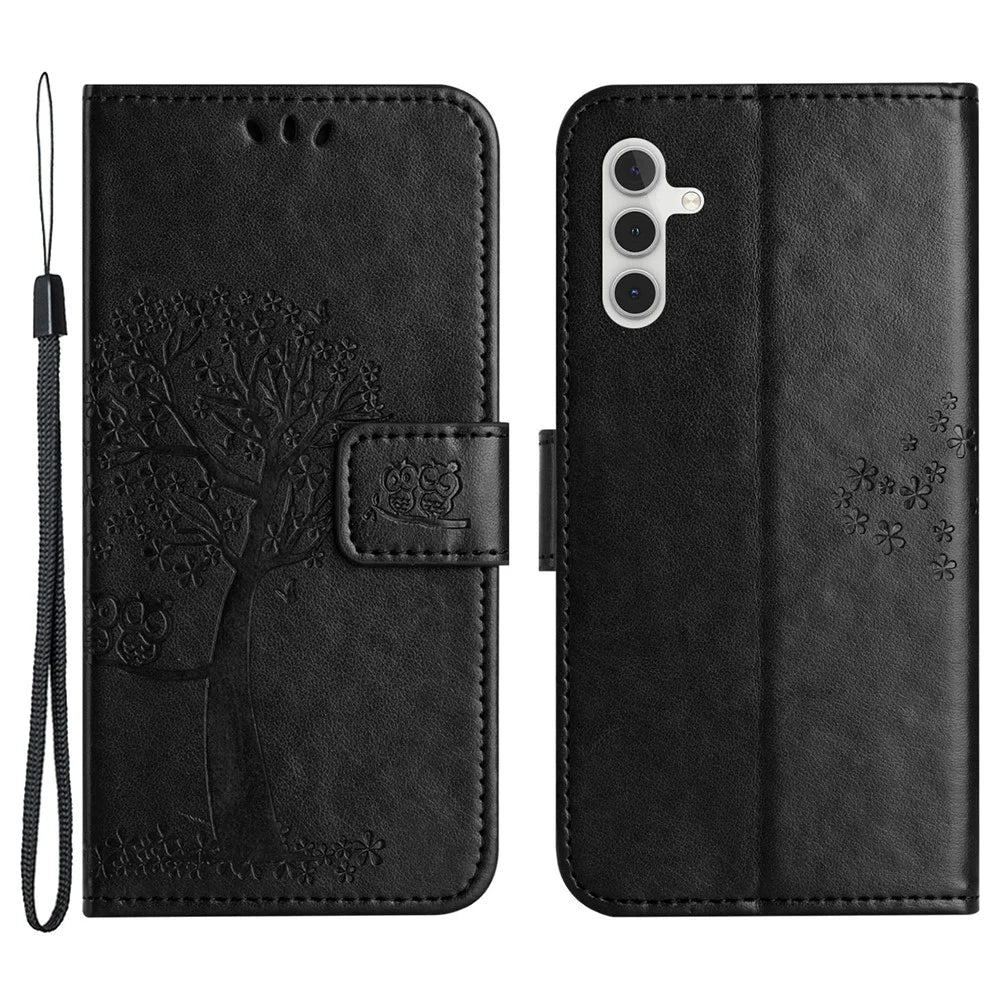 For Samsung Galaxy A24 4G (162.1 x 77.6 x 8.3mm) Phone Wallet Case Owl Tree Imprinted PU Leather Stand Phone Cover - Black - 1