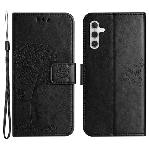 For Samsung Galaxy A24 4G (162.1 x 77.6 x 8.3mm) Phone Wallet Case Owl Tree Imprinted PU Leather Stand Phone Cover - Black - 1