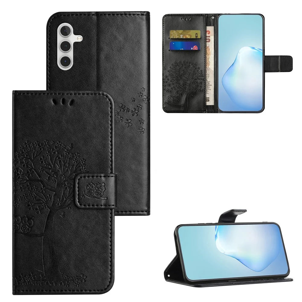 For Samsung Galaxy A24 4G (162.1 x 77.6 x 8.3mm) Phone Wallet Case Owl Tree Imprinted PU Leather Stand Phone Cover - Black - 6
