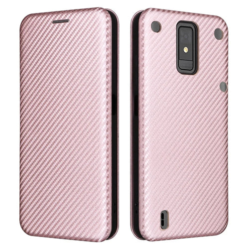 For ZTE Blade A32 Card Slot Phone Case Magnetic Auto-absorbed Carbon Fiber Texture PU Leather Stand Flip Cover - Rose Gold - 1