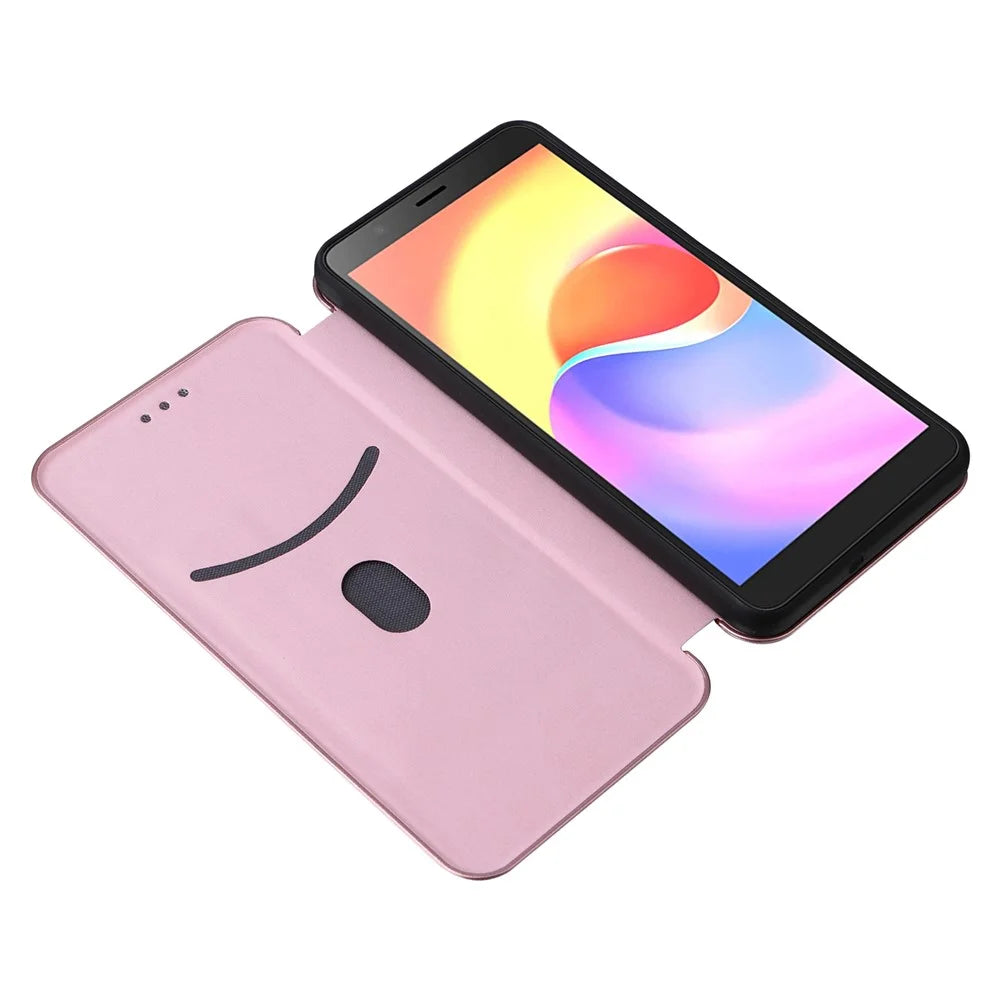 For ZTE Blade A32 Card Slot Phone Case Magnetic Auto-absorbed Carbon Fiber Texture PU Leather Stand Flip Cover - Rose Gold - 2