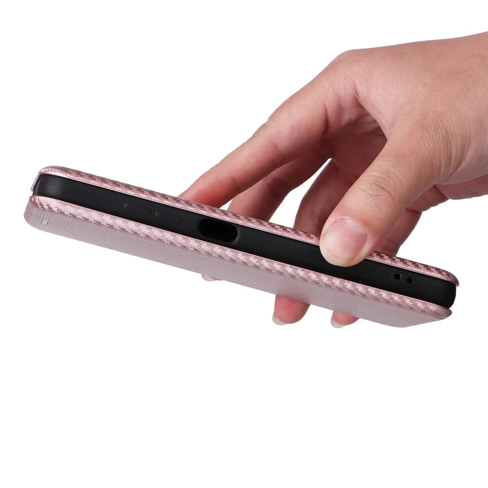 For ZTE Blade A32 Card Slot Phone Case Magnetic Auto-absorbed Carbon Fiber Texture PU Leather Stand Flip Cover - Rose Gold - 5