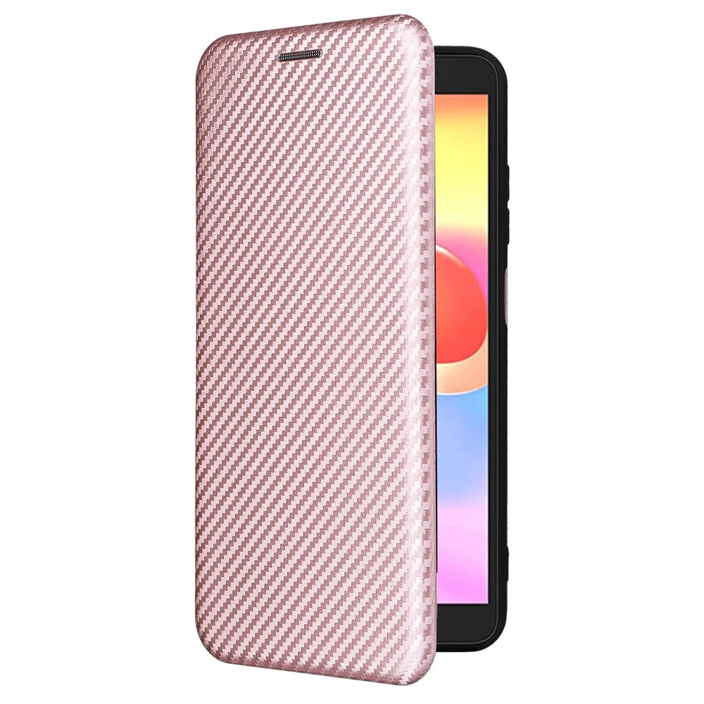 For ZTE Blade A32 Card Slot Phone Case Magnetic Auto-absorbed Carbon Fiber Texture PU Leather Stand Flip Cover - Rose Gold - 6