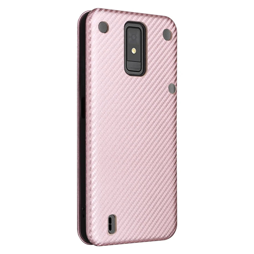 For ZTE Blade A32 Card Slot Phone Case Magnetic Auto-absorbed Carbon Fiber Texture PU Leather Stand Flip Cover - Rose Gold - 7