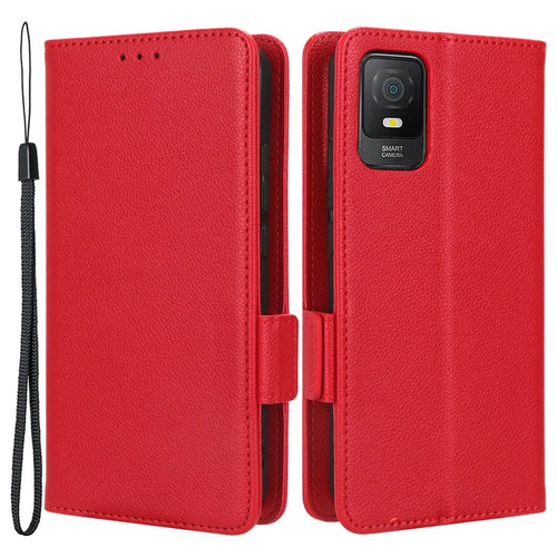 For TCL 403 Litchi Texture Mobile Phone Cover Wallet Stand PU Leather Dual Magnetic Clasp Phone Case - Red - 1