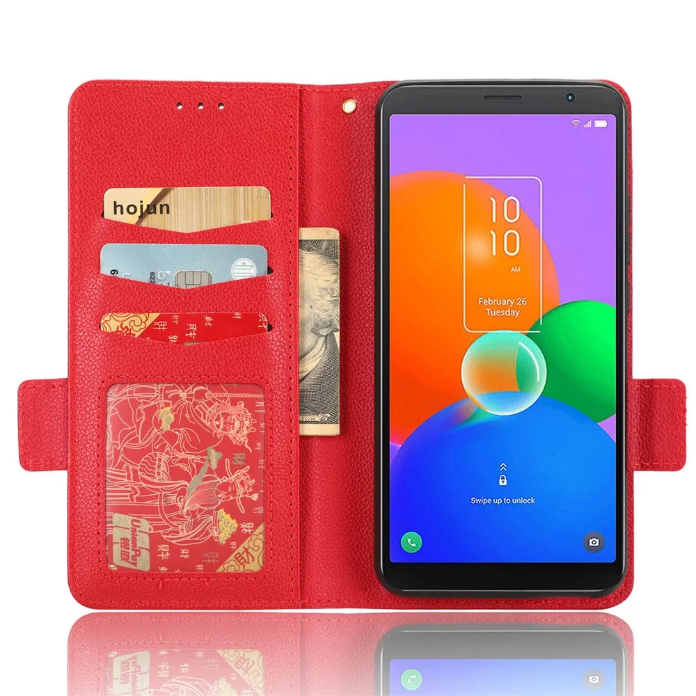 For TCL 403 Litchi Texture Mobile Phone Cover Wallet Stand PU Leather Dual Magnetic Clasp Phone Case - Red - 2