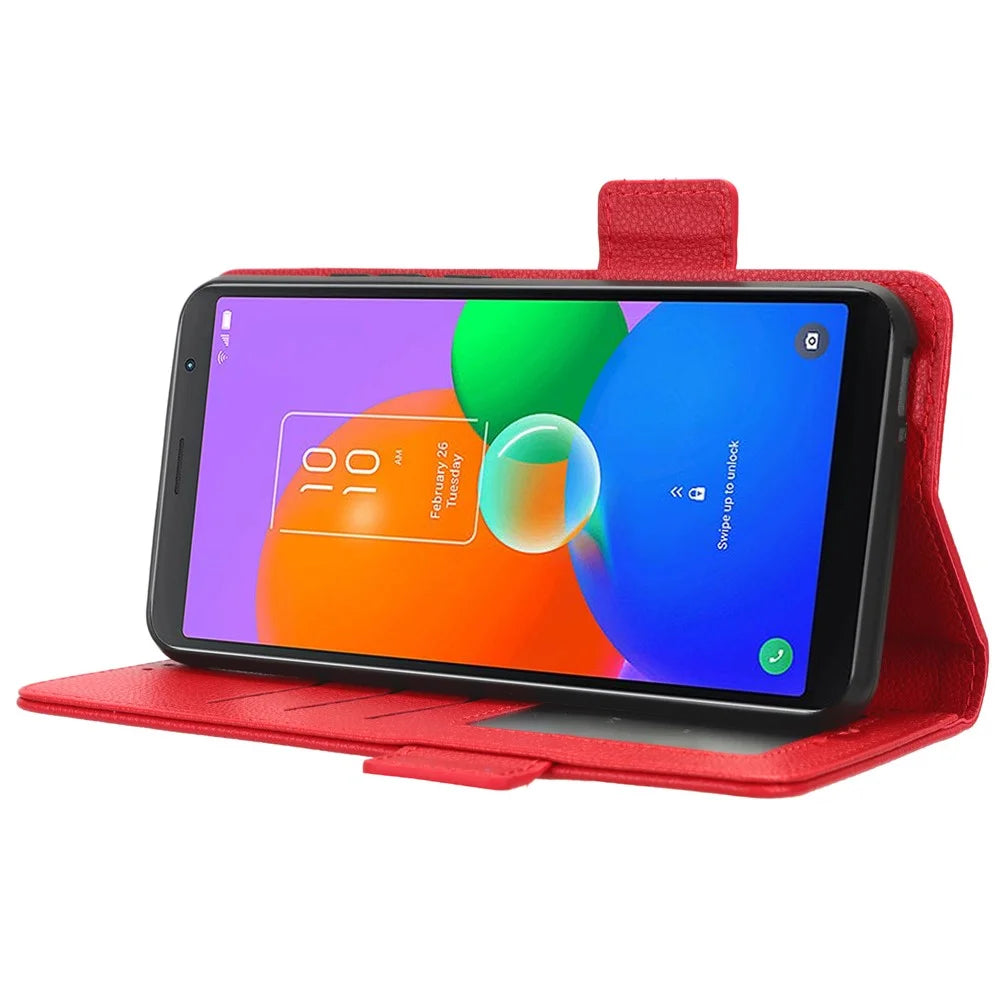 For TCL 403 Litchi Texture Mobile Phone Cover Wallet Stand PU Leather Dual Magnetic Clasp Phone Case - Red - 3