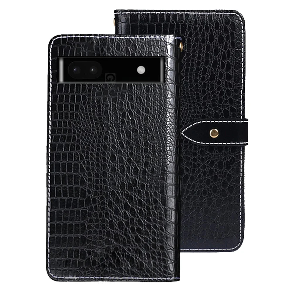 IDEWEI For Google Pixel 7a Shockproof Leather Phone Cover Crocodile Texture Stand Flip Wallet Phone Case - Black - 1