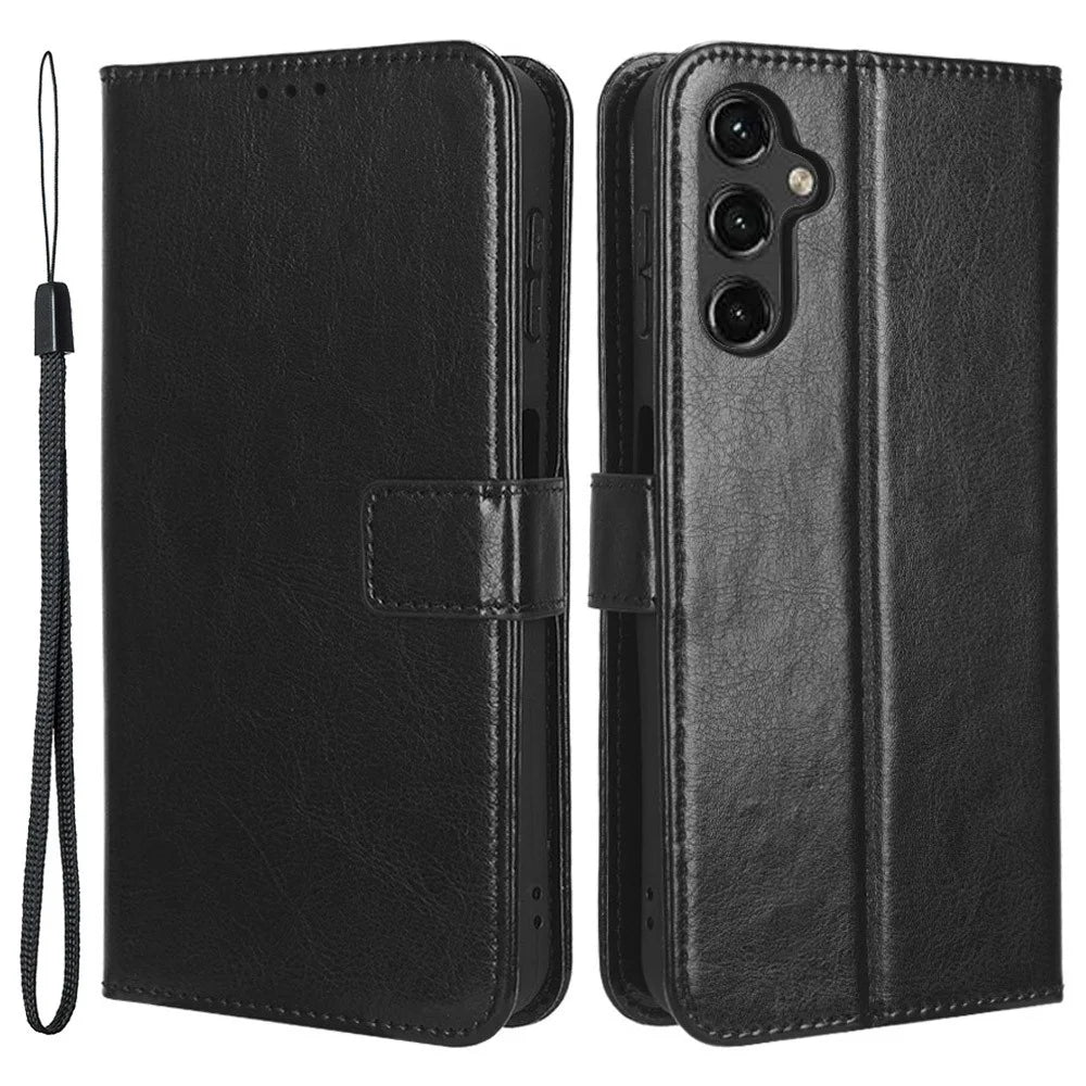 For Samsung Galaxy A14 5G / A14 4G Strong Magnetic Clasp Phone Stand Wallet Cover Crazy Horse Texture Leather Phone Case - Black - 1