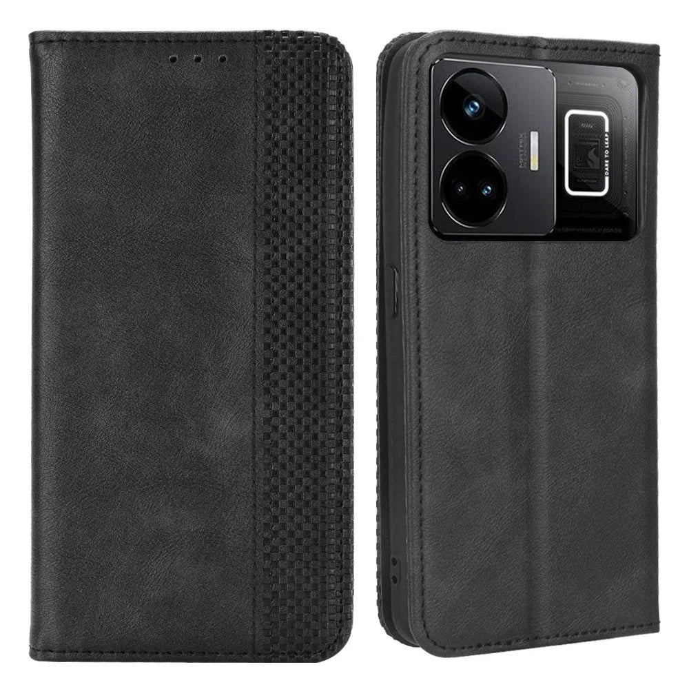 For Realme GT Neo 5 5G / Neo 5 240W 5G / Realme GT3 5G PU Leather Phone Cover Retro Texture Stand Wallet Protective Phone Case - Black - 1