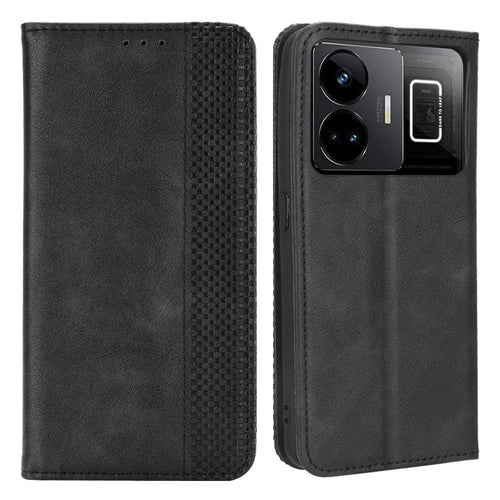 For Realme GT Neo 5 5G / Neo 5 240W 5G / Realme GT3 5G PU Leather Phone Cover Retro Texture Stand Wallet Protective Phone Case - Black - 1