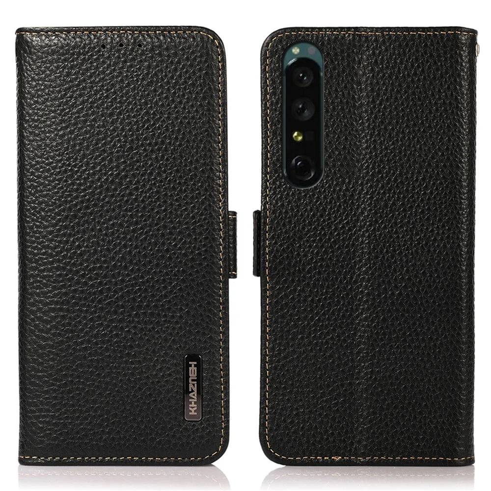 KHAZNEH For Sony Xperia 1 V Genuine Leather Phone Case RFID Blocking Anti-scratch Flip Cover Stand Wallet - Black - 1